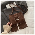 Detailed view of a brown suede crossbody bag featuring long tassels and a metal buckle - Brown