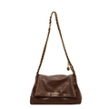 Brown leather shoulder bag with gold hardware and chain strap on a white background - Coffee