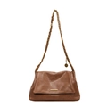 Vintage brown leather tote bag with gold chain strap and minimalist metal bar accent - Brown