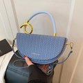 Blue woven crescent moon handbag featuring a gold metal ring handle and crossbody strap - 24*7*13cm / Blue