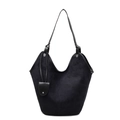 Retro black faux suede large tote bag with a deep U-shaped opening and long shoulder strap - Black