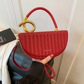 Red woven crescent saddle bag with gold ring handle and braided shoulder strap - 24*7*13cm / Red