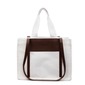 Grande borsa tote in tela con finiture in pelle marrone e doppi manici da donna - Bianco Sporco