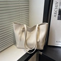 Minimalist beige PU leather tote bag with large capacity for women on a bright background - White