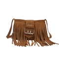 Bolso bandolera de ante marrón estilo boho con flecos largos y hebilla de metal - Marrón