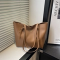 Brown leather tote bag with gold logo plaque, minimalist shoulder bag for daily commute - Brown