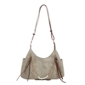 Borsa tote verde salvia in camoscio con spalline in pelle e catena di perle - Verde