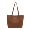 Large caramel brown leather tote bag with stylish golden buckles and minimalist design - Brown