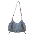 Borsa tote in denim blu con tracolla in pelle marrone e catena decorativa dorata - Blu