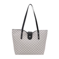Grote minimalistische tote bag met beige M-patroon en zwarte leren schouderbanden - Wit