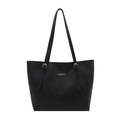 Classic black leather tote bag with gold metal buckles and fashion leather label logo - Black