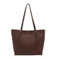 Classic dark brown leather tote bag with adjustable straps and gold logo on white background - Brown