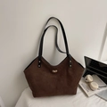 Borsa tote trapuntata in camoscio marrone con chiusura a scatto dorata in stile ufficio - Marrone
