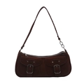 Minimalist chocolate brown suede shoulder bag with dual front pockets and silver buckles - Brown
