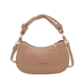 Elegante bolso de hombro beige tipo media luna con asa anudada y logo de moda - Caqui