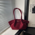 Fashionable burgundy suede tote bag with gold buckle in minimalist silhouette - Red