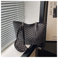 Detail view of printed tote bag and mini pouch with geometric pattern in gray and white - Brown