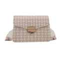 Elegant tweed shoulder bag with golden lock and ethnic pattern wide strap on white background - White