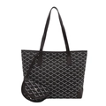 Retro large capacity tote bag with geometric pattern and brown leather handles - Black