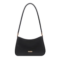 Bolso de hombro minimalista en cuero negro con placa dorada y correa elegante - Negro