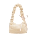Borsa a spalla in ecopelliccia beige con manico a pieghe e un elegante fiocco decorativo - Bianco Sporco