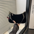 Elegant black velvet crescent bag with gold chain and cherry charm for women - Black