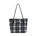 Retro schwarz-weiße karierte Plüsch-Tote-Bag mit Lederriemen für den Herbst-Winter-Pendler - Schwarz