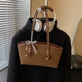 Brown leopard print tote bag featuring knot handles and a decorative checkered bow - No Pendant / Brown