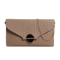 Elegante khakifarbene gewebte Umschlagtasche mit Goldkette und stilvoller runder Schnalle - Khaki