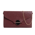 Elegant burgundy envelope bag with woven texture, black and gold buckle, and metal chain - Red