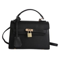 Bolso clásico estilo Kelly de cuero negro con herrajes dorados y correa para el hombro - Negro
