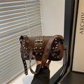 Brown vintage leather shoulder bag with punk silver grommets and rivet studs decoration - Brown