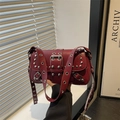 Vintage burgundy rivet shoulder bag with silver metal studs and adjustable wide strap - Red