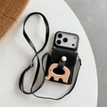 Details zur iPhone Lederhülle in Schwarz mit Holz-Elefant und Schultergurt - iPhone 17 Pro Max / Elefantenständer-Brieftasche - Schwarz (Mit Umhängegurt)