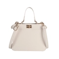 White crocodile pattern Kelly style handbag with golden twist lock and top handle - White