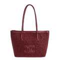 Retro burgundy leopard pattern tote bag with embossed emblem and long top handles - Red