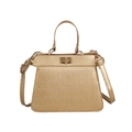 Golden faux leather handbag with crocodile pattern and metallic twist lock closure - Gold