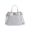 Silver metallic crossbody bag with crocodile pattern and golden turn-lock closure - Silver