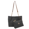 Borsa tote nera con stampa M grigia, pochette abbinata e tracolla a catena dorata - Nero