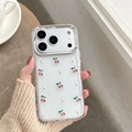 Primer plano de funda transparente para iPhone con motivos de cerezas y acabado brillante - Marco Galvanizado - Epoxi con Purpurina - Cuentas de Plata Cereza Rosa / iPhone 17 Pro Max