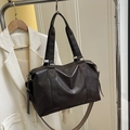 Dark brown faux leather travel tote bag with ethnic style wide shoulder strap for women - Brown