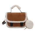 Sac bandoulière en daim marron avec bordure en peau de mouton et petit porte-monnaie - Fauve