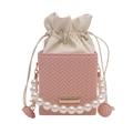 Pink woven square crossbody bag with faux pearl handle and gold metal hardware accents - Pink
