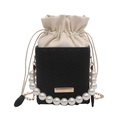 Chic black woven bucket bag with pearl handle and drawstring inner lining - Black
