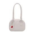 White lychee leather bowling bag with twin handles and cute heart charm detail - White
