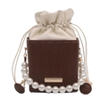 Brown woven leather bucket bag featuring a pearl handle and drawstring closure - Brown