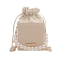 Off-white woven textured square bag with pearl handle and drawstring closure - Beige
