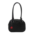 Minimalist black pebble leather handbag with a red heart charm and dual handles - Black