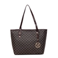 Retro grote tote bag met bruine M-letterprint en gouden metalen logo hanger - Bruin