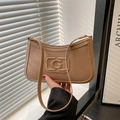 Retro beige faux leather baguette bag with embossed G logo and shoulder strap - Khaki